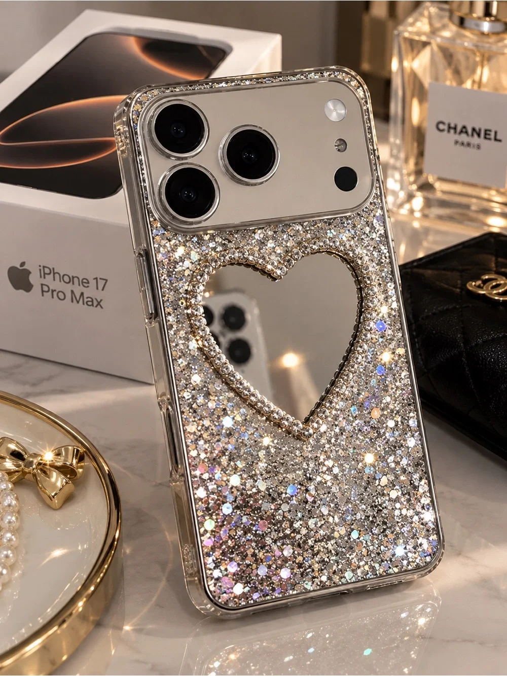 Glitter Heart Mirror Phone Case 17 promax- Silver